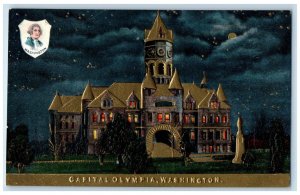 c1910 Capitol Exterior Building Night Moon Embossed Olympia Washington Postcard 