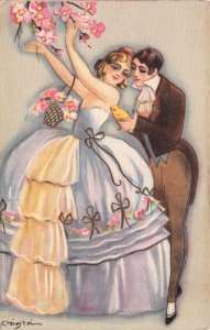 Two Chiostri art Postcards Victorian Couple Easter Chick, Egg, Flowers~112507