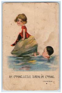 c1910's Girl Sat On Beach Rock I'm Coming Little Siren Gibson Antique Postcard