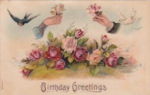 Birthday Greetings Shaking Hands With Flowers and Doves