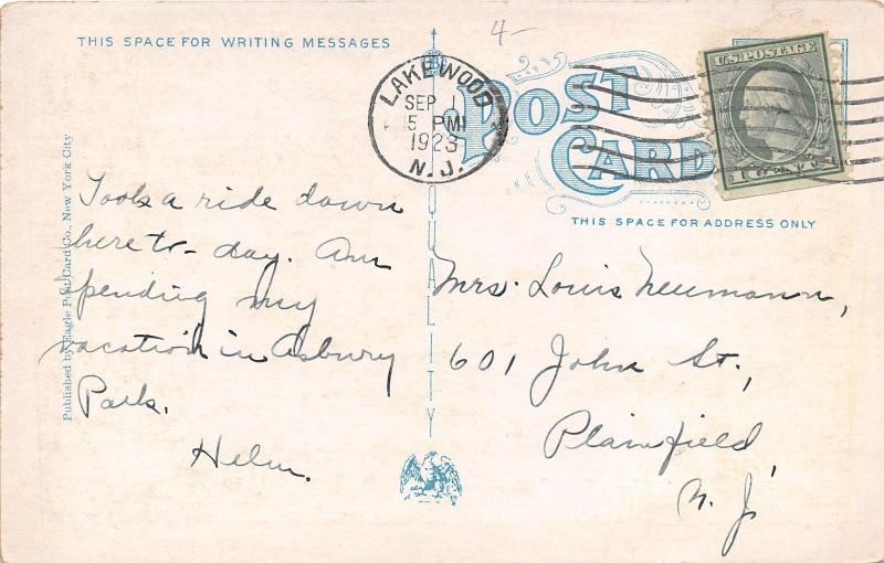 Lakewood New Jersey~Old Rustic Tea House~Man on Bridge~Wood Pile~1923 Postcard