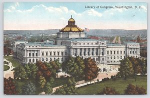 Library Of Congress~Beautiful Washington DC~Birds Eye View~US Flag~Trees~Vtg PC