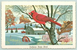 Indiana State Bird~Redbird Cardinal on Snowy Tree~Farm Barn~1968 Ken Haag Artist