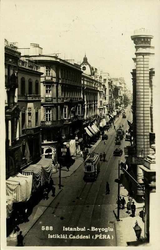 turkey ISTANBUL PERA Beyoglu Istiklal Cadessi Tram 1940s RPPC Postcard