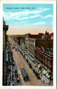 Postcard IN Terre Haute Aerial View Wabash Avenue Streetcars Old Cars 1930 S11