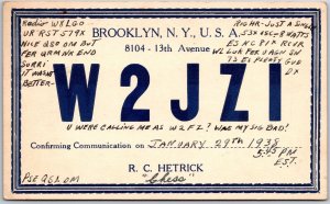 1938 QSL Radio Card Code W2JZI Brooklyn New York Amateur Station Posted Postcard