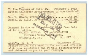 1942 United Mutual Aid Association Payment Unionville MO Advertising Postcard