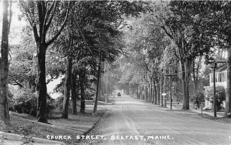 Belfast Maine~Church Street (Unpaved)~Houses~Person on Sidewalk~Vintage RPPC