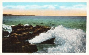 Vintage Postcard Surf Bass Rocks Sea Ocean Waves Gloucester Massachusetts MA