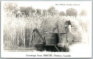 SIMCOE ONT. CANADA EXAGGERATED WHEAT VINTAGE REAL PHOTO RPPC COMBINE HARVESTER