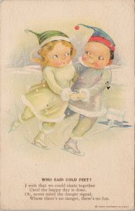 Children Ice Skating 'Who Said Cold Feet' c1920s Henry Heininger Postcard H9