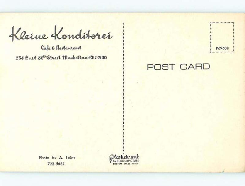 Unused Pre-1980 KLEINE KONDITORER cafe RESTAURANT Manhattan NY v8343