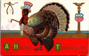 Happy Thanksgiving, Patriotic Turkey Wishbone Embossed Vintage Postcard I04