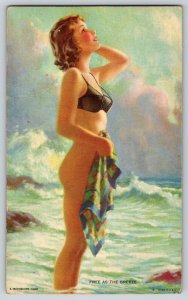 Pin-Up Girl Original 1940s Mutoscope Free as the breeze Litho Postcard