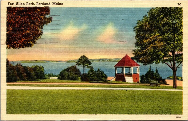 PORTLAND MAINE FORT ALLEN PARK EASTERN Vintage Linen POSTCARD Posted 1942