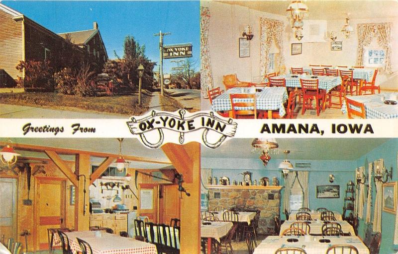 Amana Iowa~Ox-Yoke Inn (Amana-Woodshed-Blue Room Views)~1950s Postcard