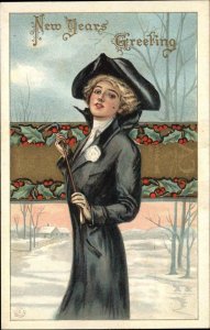 NEW YEAR Pretty Woman Colonial Clothing GOLD MEDAL 640 NEW YEAR 11 Old Postcard