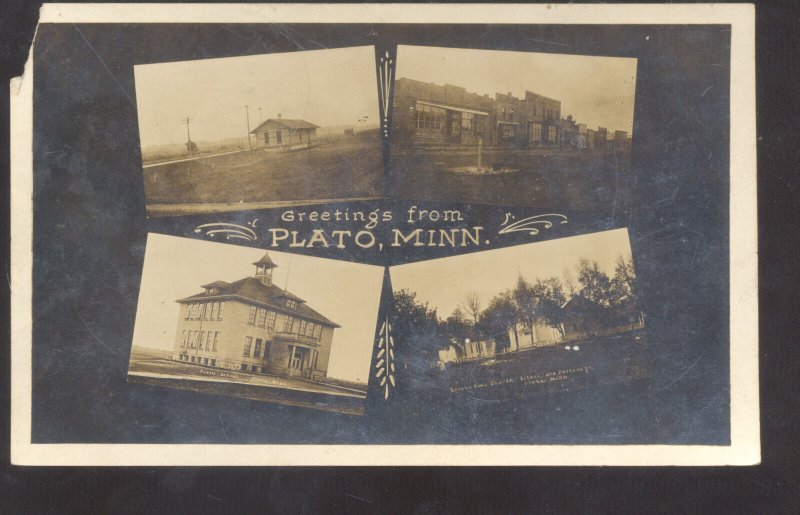 RPPC PLATO MINNESOTA RAILROAD DEPOT DOWNTOWN MULTI VIEW 1914 REAL PHOTO POSTCARD