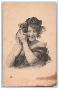 Pretty Woman Postcard With Cute Puppy Dog c1910's Unposted Antique