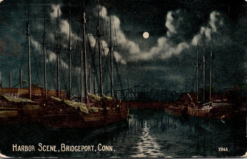Connecticut Bridgeport Harbor Scene At Night 1913