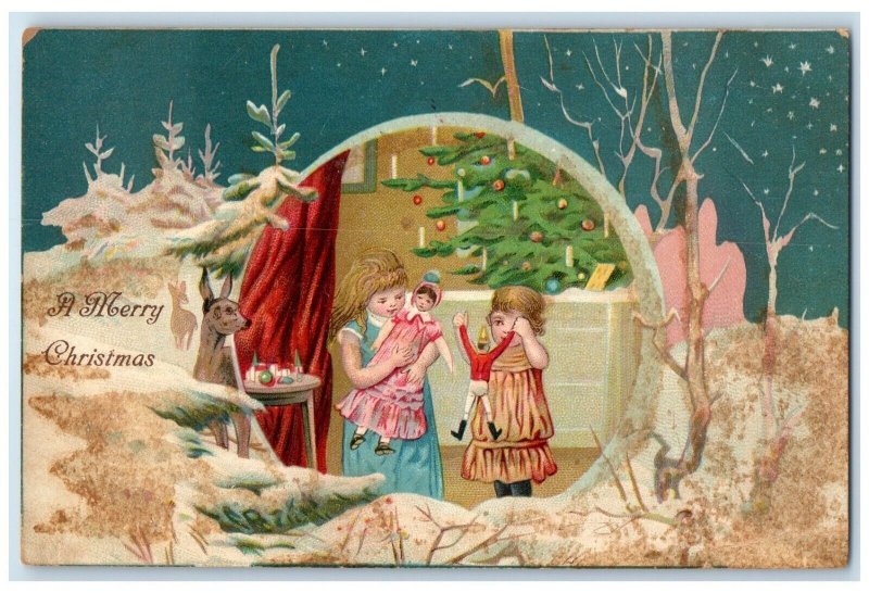 c1910's Christmas Tree Children With Toys Winter Posted Antique Postcard