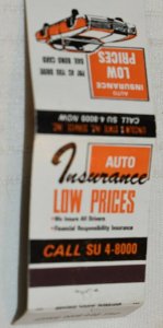 Auto Insurance Low Prices Advertising 20 Strike Matchbook Cover