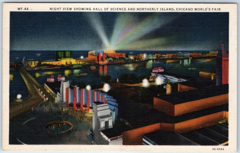 c1930s Chicago, IL Hall Science World Fair Linen Postcard Night Lake Light A92