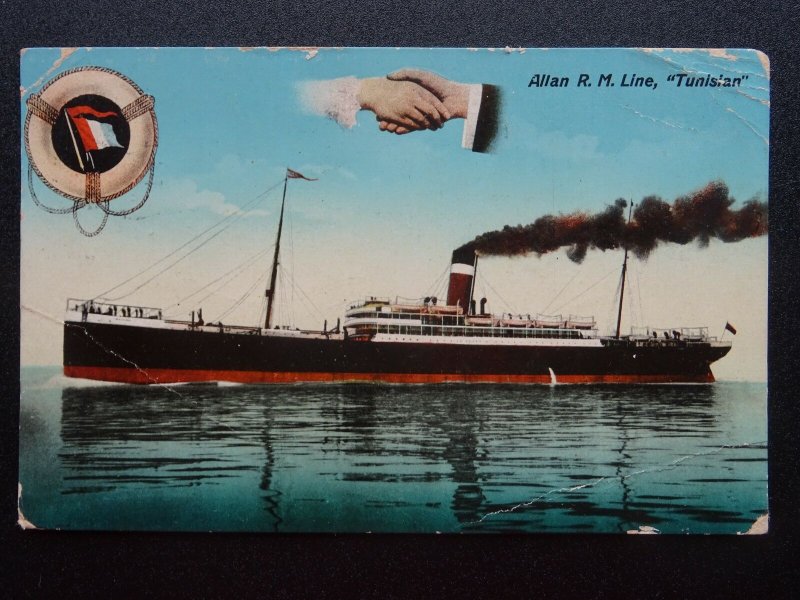 Shipping H.M.T. TUNISIAN Hands Across Sea - ALLAN LINE ROYAL MAIL c1914 Postcard