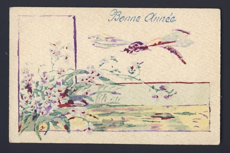 HAND DRAWN painted watercolor SCENE FLOWERS DRAGON FLY 1918 artist signed