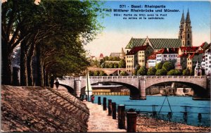 Switzerland Basel Rheinpartie mit Mittlerer Rheinbrücke Vintage Postcard C176