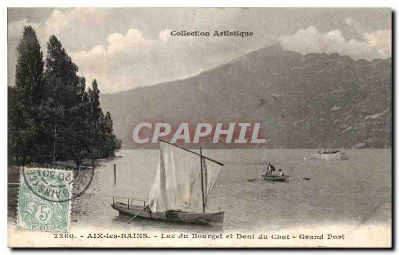 Old Postcard Aix Les Bains Lake Bourget and Dent du Chat Grand Harbor Boat