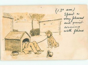 Pre-Linen Comic DOG WATCHES MAN SLEEP IN HIS DOGHOUSE AB8486