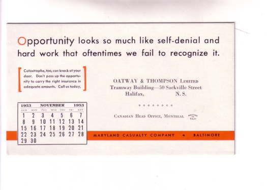 Oatway Thompson Insurance, Halifax November 1953 Calendar Blotter Advertising