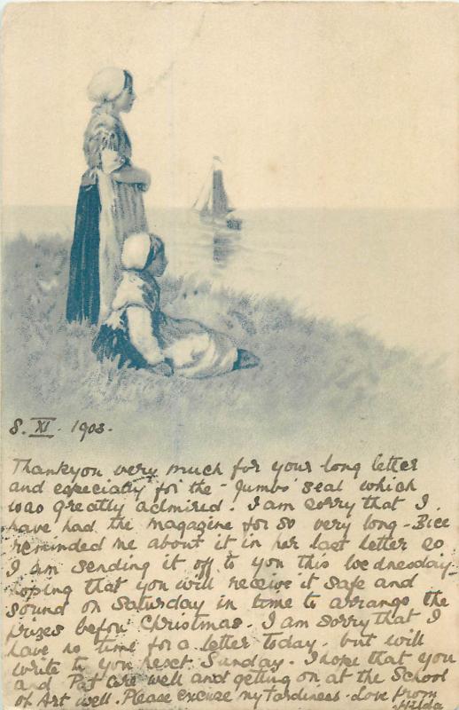 Dutch girls seascape 1903 litho postcard