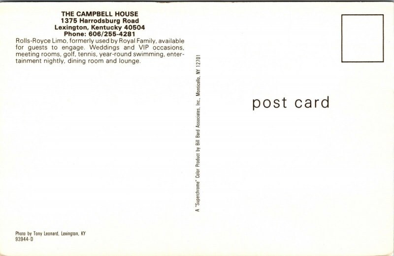 Campbell House Lexington KY Kentucky Rolls Royce Limo Postcard VTG UNP Vintage 