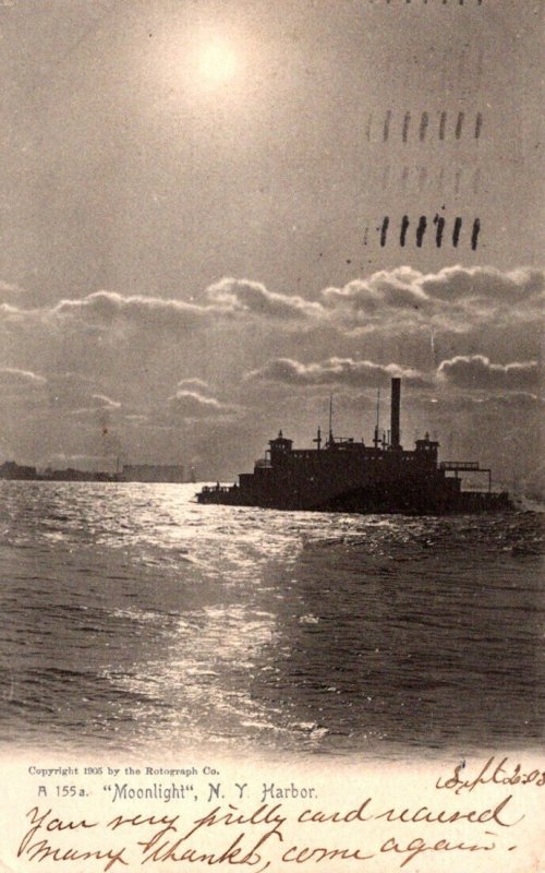 New York Harbor By Moonlight 1905 Rotograph