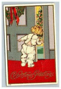 Vintage 1908 Christmas Postcard Cute Girl Peaks at Xmas Tree Looking for Santa