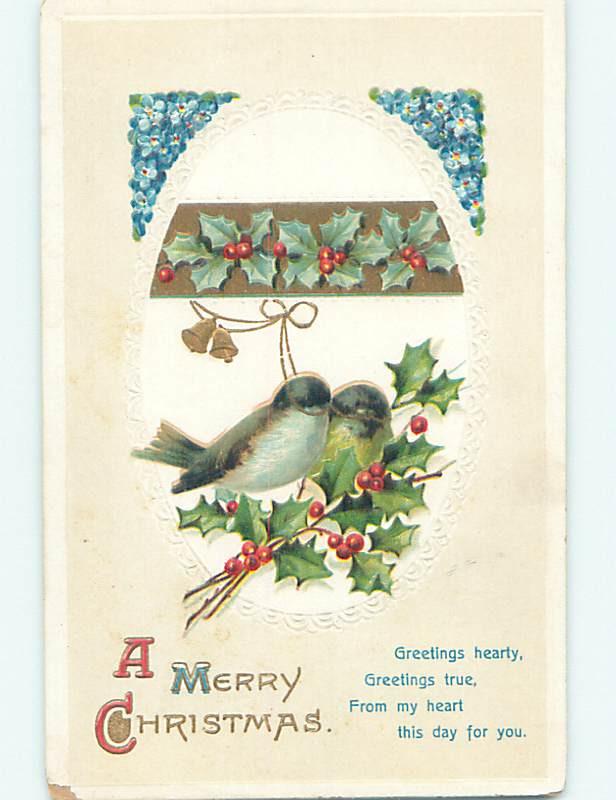 Pre-Linen christmas CUTE BIRDS SIT ON HOLLY BRANCHES hr2805