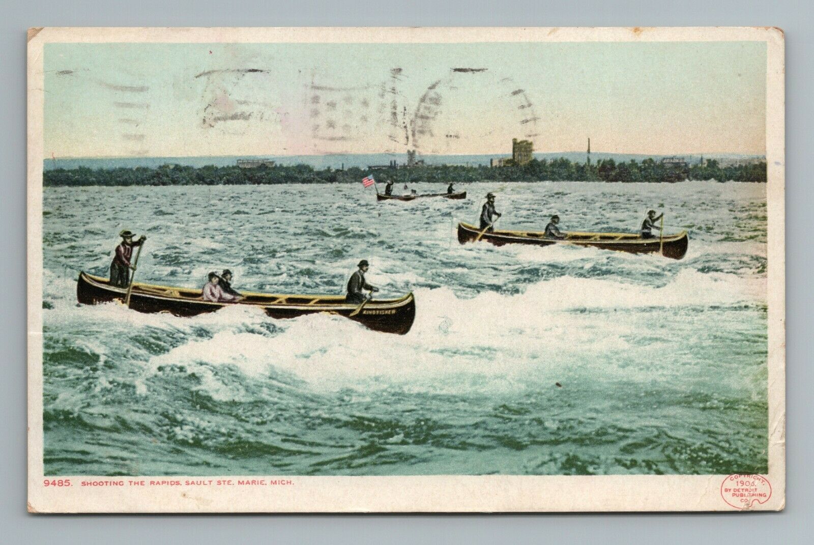 1908 Shooting the Rapids Canoe Sault Ste Marie Michigan Postcard
