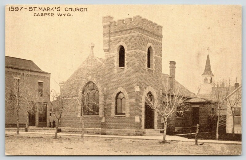 Casper Wyoming~St Mark's Episcopal Church~Lattice Fence~c1910 Sepia Postcard 