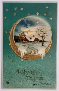 Christmas Wishes Golden Crescent Moon And Stars Winter Scene Postcard C39