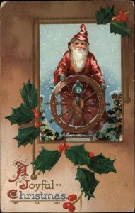 Christmas Santa Clause Sailor Ship Helm Embossed c1910s Postcard