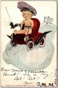 1913 Baby Nude Riding On His Toy Car Comic Card Posted Postcard