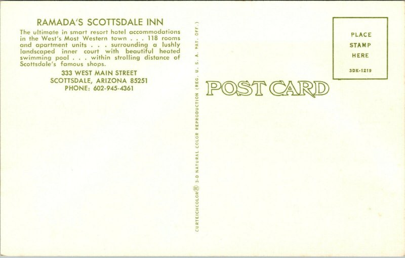 Vtg 1960s Ramada's Scottsdale Inn Hotel Swimming Pool Arizona AZ Unused Postcard