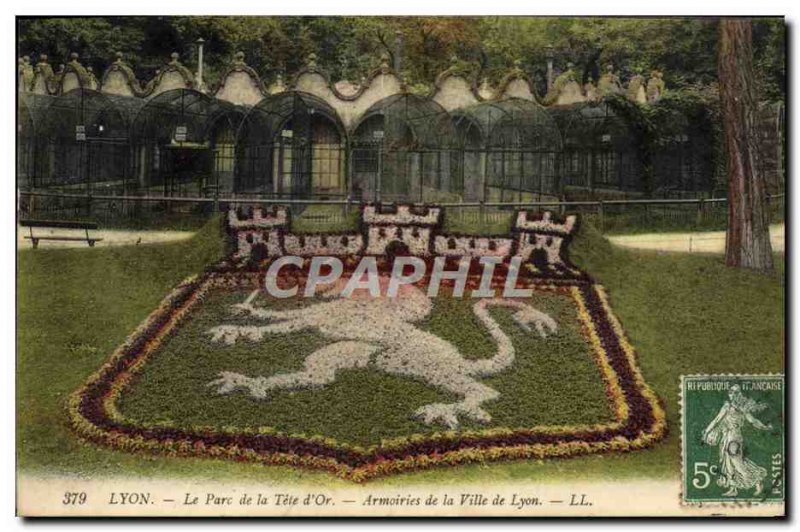 Old Postcard Lyon Park Tete d & # 39Or Arms of the city of Lyon Lion