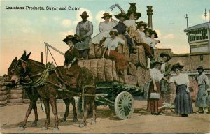 c1910 Postcard Louisiana Products, Sugar & Cotton (And Women!) on Wagon, Mules 