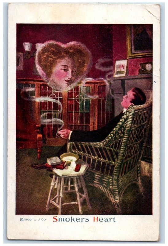1912 Man Cigarette Smokers Heart Imagination Clarence Center NY Antique Postcard