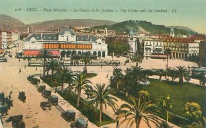 Nice France  Casino & Gardens Place Massena Pre-Linen Postcard, Old Cars, Palms