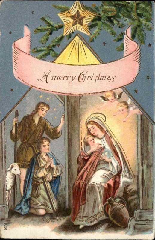 Christmas Nativity Mary Baby Jesus Shepherds c1910 Vintage Postcard