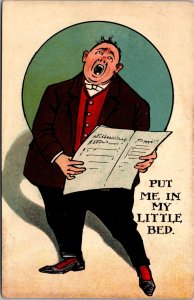 Man Holds Sheet Music, Sings Put Me In My Little Bed Vintage Postcard Y53